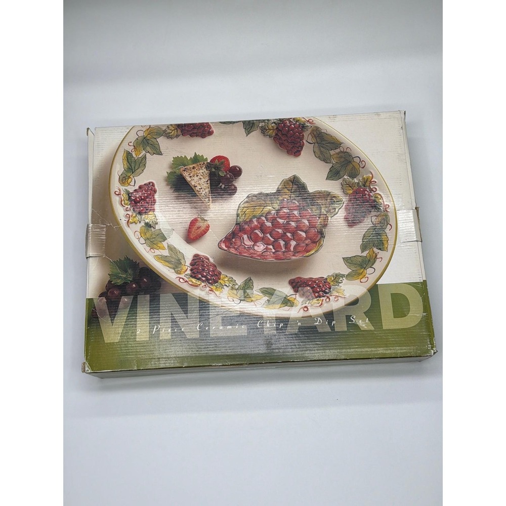 NWT Clay Art Vineyard 2‎ Piece Ceramic Chip and Dip Set Grape Design 18 x 14